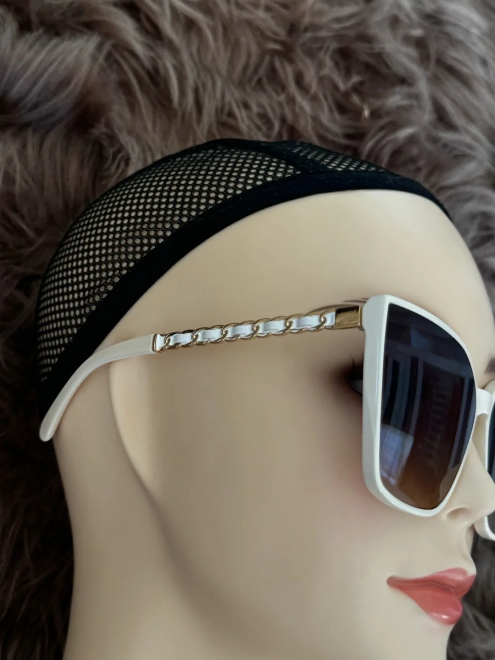 Futuristic sunglasses white cat eye brown lens gold chain style accents